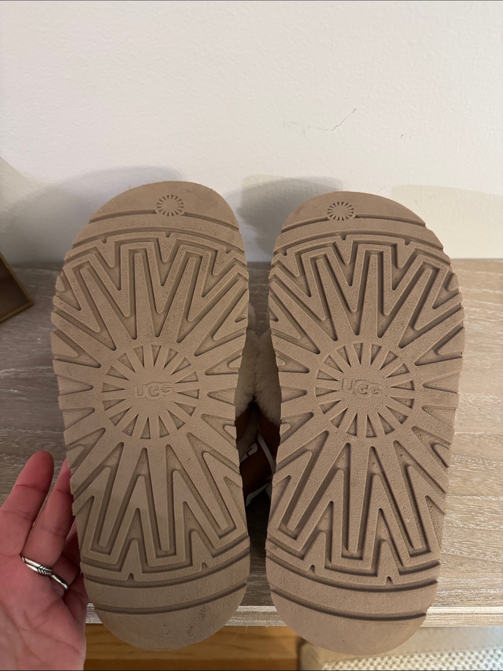 UGG Chestnut and Cream Fluff Flip Flop Slippers with Logo Strap - Picture 9 of 12